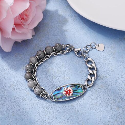 MAXZOOL Medical Alert Bracelets for Women Free Engraving, Personalized Medical Bracelets for Women & Men, Stainless Steel Matte Agate Tiger Eye Stone Beaded 2 Layer Medical ID Bracelets Adjustable in Saudi Arabia