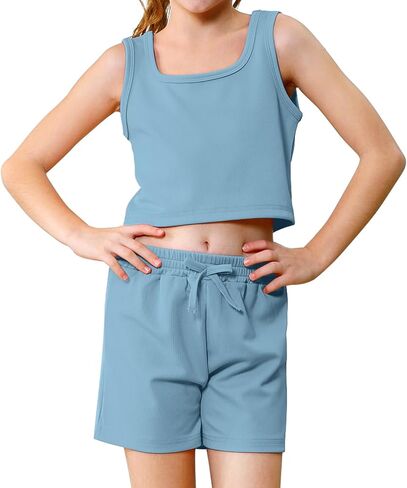 U·nikaka Girls 2 Piece Outfits Casual Girls Shorts Sets Sleeveless Crop Tank Top and Short Sets Ribbed Workout Sets Summer in Kuwait