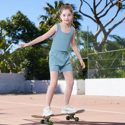 U·nikaka Girls 2 Piece Outfits Casual Girls Shorts Sets Sleeveless Crop Tank Top and Short Sets Ribbed Workout Sets Summer in Kuwait