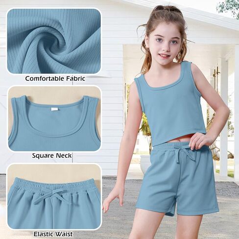 U·nikaka Girls 2 Piece Outfits Casual Girls Shorts Sets Sleeveless Crop Tank Top and Short Sets Ribbed Workout Sets Summer in Kuwait