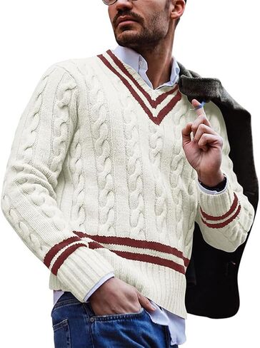 chouyatou Men's Casual V Neck Contrast Stripes Cable Knit Pullover Sweater Tops in Saudi Arabia