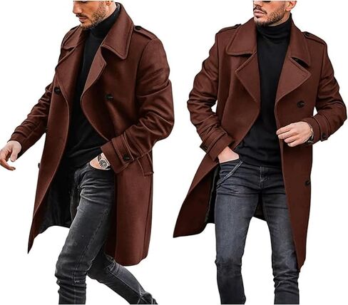 Men Wool Blend Single Breasted Overcoat Winter Slim Long Trench Coat Mid-Length Lightweight Notched Collar Jacket in Saudi Arabia