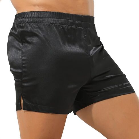 Oyolan Mens Silk Satin Boxer Sleep Shorts Underwear Mid Waist Side Split Boxer Briefs Pajama Lounge Shorts in Saudi Arabia