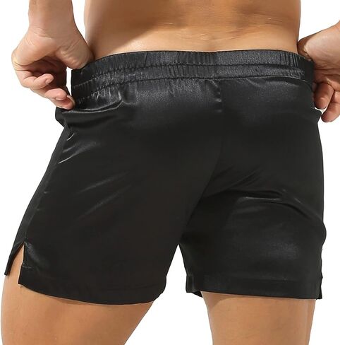 Oyolan Mens Silk Satin Boxer Sleep Shorts Underwear Mid Waist Side Split Boxer Briefs Pajama Lounge Shorts in Saudi Arabia