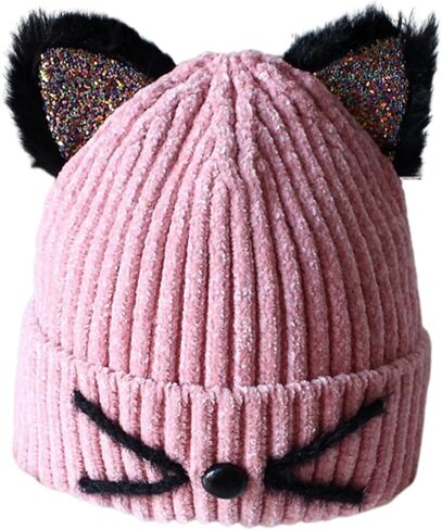 Kids Crochet Hat with Cute Shiny Cat Ears Unisex Thick Knitted Beanie Hat Winter Warm Cap in Saudi Arabia