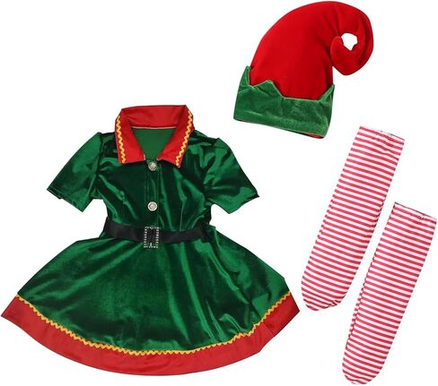 Kids Toddler Baby Girls Christmas Elf Costume Santa Clothes Velvet Princess Dress Hat Socks Holiday Dress Up Costume in Kuwait