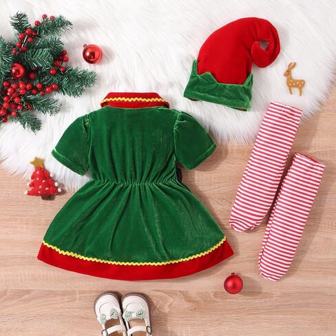 Kids Toddler Baby Girls Christmas Elf Costume Santa Clothes Velvet Princess Dress Hat Socks Holiday Dress Up Costume in Kuwait