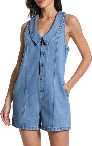 Kedera Women's Women's Summer Summer Denim Romper Sailor Twlar Neck Button Up Jean Phiclesuits عرض قطعة قطعة واحدة غير رسمية in Kuwait