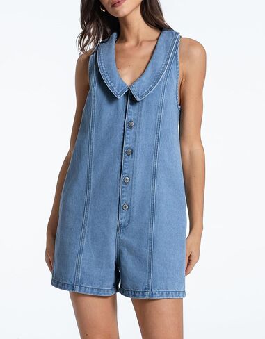 Kedera Women's Women's Summer Summer Denim Romper Sailor Twlar Neck Button Up Jean Phiclesuits عرض قطعة قطعة واحدة غير رسمية in Kuwait