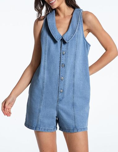 Kedera Women's Women's Summer Summer Denim Romper Sailor Twlar Neck Button Up Jean Phiclesuits عرض قطعة قطعة واحدة غير رسمية in Kuwait