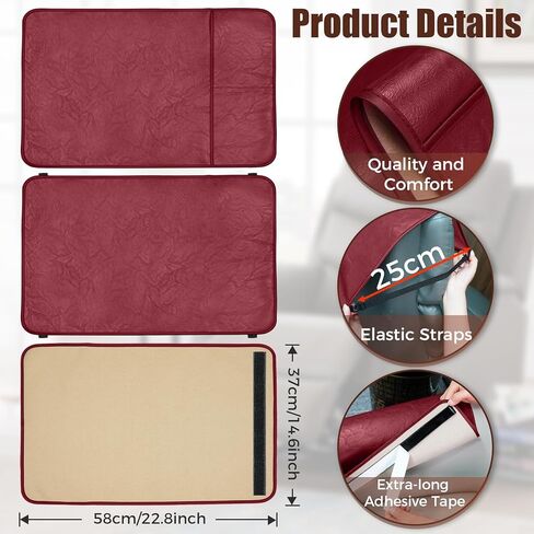 3 Pcs Headrest Cover for Recliner Chair, Modern Style, Wine Red, Faux Leather, Recliner Headrest Protector with Elastic Straps and Pockets, 22.8 x 14.6 Inch in Kuwait