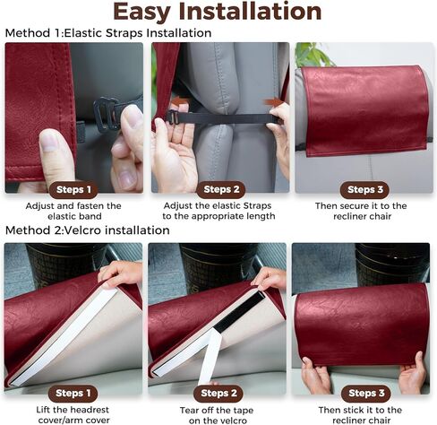 3 Pcs Headrest Cover for Recliner Chair, Modern Style, Wine Red, Faux Leather, Recliner Headrest Protector with Elastic Straps and Pockets, 22.8 x 14.6 Inch in Kuwait