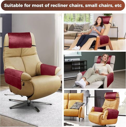 3 Pcs Headrest Cover for Recliner Chair, Modern Style, Wine Red, Faux Leather, Recliner Headrest Protector with Elastic Straps and Pockets, 22.8 x 14.6 Inch in Kuwait