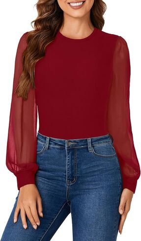 Vrtige النسائية الأنيقة Crewneck Mesh مثال طويل الأكمام مزودة bodysuit أعلى leotaed in Saudi Arabia