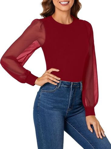 Vrtige النسائية الأنيقة Crewneck Mesh مثال طويل الأكمام مزودة bodysuit أعلى leotaed in Saudi Arabia