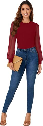 Vrtige النسائية الأنيقة Crewneck Mesh مثال طويل الأكمام مزودة bodysuit أعلى leotaed in Saudi Arabia