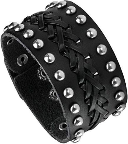 MILAKOO Wide PU Leather Mens Bangle Cuff Bracelet, Punk Rock, Fits 7" to 8.5" in Saudi Arabia