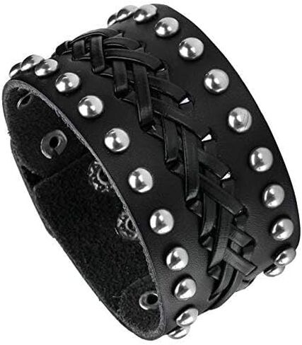 MILAKOO Wide PU Leather Mens Bangle Cuff Bracelet, Punk Rock, Fits 7" to 8.5" in Saudi Arabia