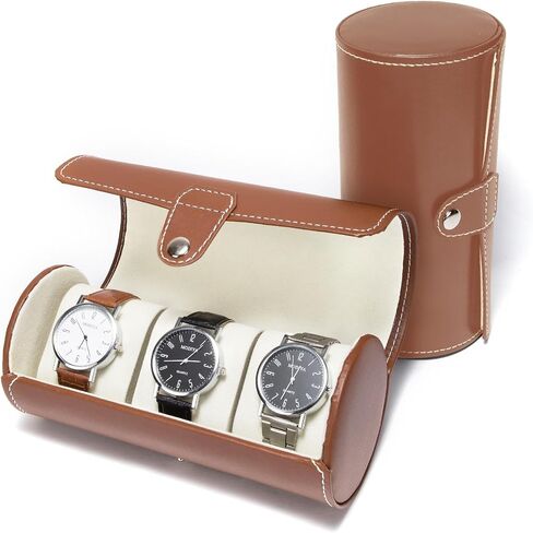 Watch Roll Travel Case-تخزين جلد فو للرجال ، حامل محمول ذو 3 فحوصات مع وسائد رغوة ناعمة ، يناسب المنظمات 60 مم (بني) in Kuwait