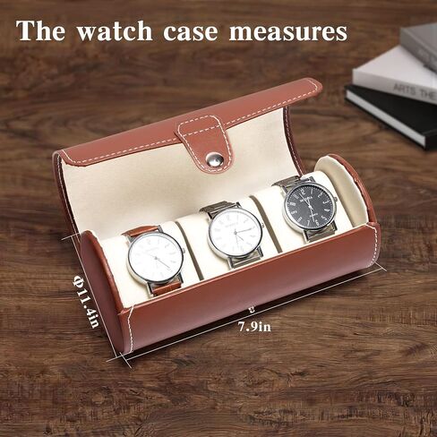 Watch Roll Travel Case-تخزين جلد فو للرجال ، حامل محمول ذو 3 فحوصات مع وسائد رغوة ناعمة ، يناسب المنظمات 60 مم (بني) in Kuwait