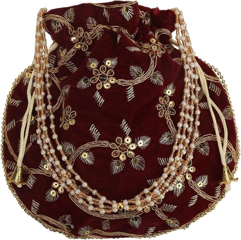 Craft Trade Women's Cotton Embroidered Potli Bag with Drawstring and Pearl Handle Pouch Golden Work Ladies Purse for Bridal in Kuwait