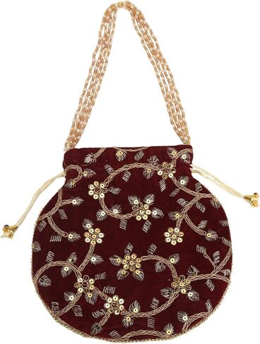 Craft Trade Women's Cotton Embroidered Potli Bag with Drawstring and Pearl Handle Pouch Golden Work Ladies Purse for Bridal in Kuwait