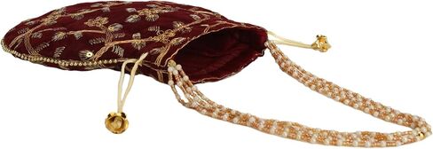 Craft Trade Women's Cotton Embroidered Potli Bag with Drawstring and Pearl Handle Pouch Golden Work Ladies Purse for Bridal in Kuwait