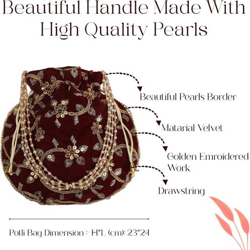 Craft Trade Women's Cotton Embroidered Potli Bag with Drawstring and Pearl Handle Pouch Golden Work Ladies Purse for Bridal in Kuwait