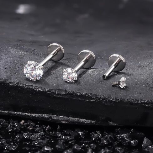 Ruifan Titanium Flat Back Lip Rings Externally Threaded Earrings Studs Nose Rings 20G 18G 16G Round Cubic Zirconia Tragus Cartilage Lobe Rook Helix Conch Labret Medusa Piercing Jewelry for Women Men in Saudi Arabia
