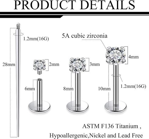 Ruifan Titanium Flat Back Lip Rings Externally Threaded Earrings Studs Nose Rings 20G 18G 16G Round Cubic Zirconia Tragus Cartilage Lobe Rook Helix Conch Labret Medusa Piercing Jewelry for Women Men in Saudi Arabia