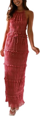Women 2 Piece Chiffon Sets Shirred Halter Neck Tie-Up Tank Tops and Ruched Ruffle Maxi Skirt Streetwear in Kuwait
