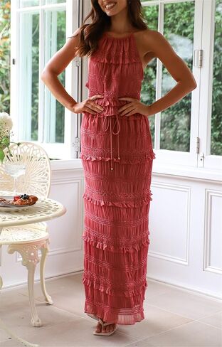 Women 2 Piece Chiffon Sets Shirred Halter Neck Tie-Up Tank Tops and Ruched Ruffle Maxi Skirt Streetwear in Kuwait