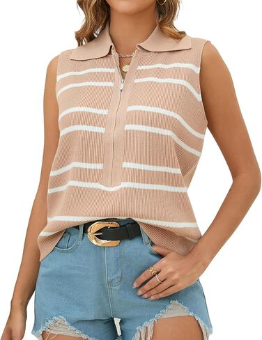 Vest Tops for Women Striped Sweater Zip Up V Neck Cap Sleeve Tops Crochet Cropped Casual Pullover Tank Top in Saudi Arabia