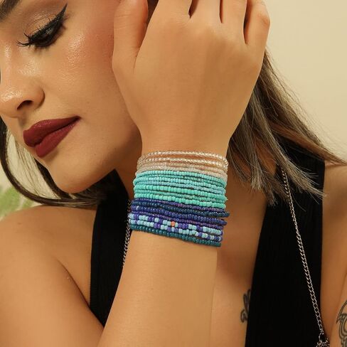 18Pcs Colorful Bohemia Seed Beaded Bracelets Handmade Adjustable Stackable Rainbow Beaded Stretch Bracelet Anket Multilayer Vaction Elastic Bracelet for Women Summer Beach Boho Jewelry Gifts in Saudi Arabia