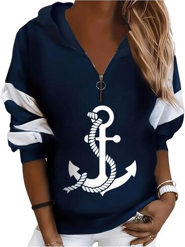 WDIRARA Women's Plus Size Anchor Graphic Print Long Sleeve Sweatshirt Half Zip Color Block Drop Shoulder Hoodie in Saudi Arabia