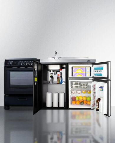 Summit Appliance ACK63ELSTB 64" Wide All-in-one Kitchenette with 4-Burner 220V Smooth-top Electric Range, Refrigerator-Freezer Sink, Cutting Board and Cutlery Storage, and Storage Cabinet in Saudi Arabia