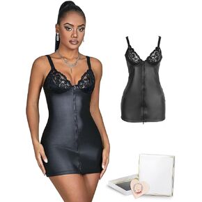 comeondear Women Faux Leather Lingerie Babydoll Sexy Sleeveless Mini Dress Lace V Neck Babycon