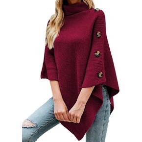 Ferand Women's Turtleneck Button Detail Poncho High Neck Asymmetrical Pullover Sweater for Fall Winter Outfits