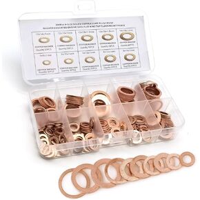 Pack-200 Car Flat Gasket Combination Set, Oil Pan Plug Leak-Proof Sealing Gaskets, M5 M6 M8 M10 M12 M14 9 Specifications Copper Metric Washers with Storage Box, Universal for Most Cars (Gold)