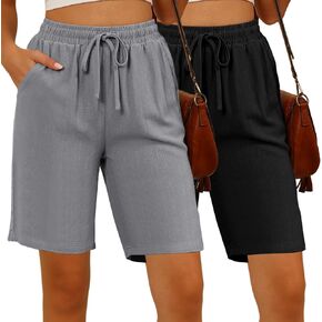 Ficerd 2 Pack Women's Linen Shorts Casual Drawstring Bermuda Summer Wide Leg Knee Length Shorts with Pockets