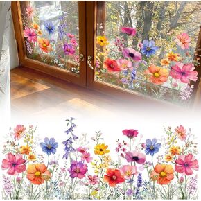 Colorful Floral Bouquet Window Clings, Reusable Double-Sided Stickers, Floral Pattern Window Film for Home and Office Decor, Removable and Cut to Size Freely (Style A)