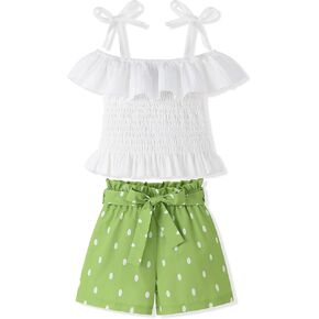 Toddler Girl Clothes Tie Knot Shoulder Sleeveless Ruffle Tops Bow Tie Waist Shorts Toddler Clothes for Girls