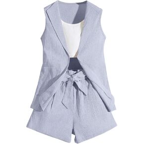 SweatyRocks Girl's Two Piece Outfits Lapel Collar Sleeveless Vest Jacket and Belted Wide Leg Shorts Set