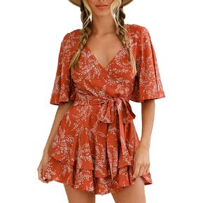 Bonkwa Women's Casual Rompers Floral Print Mid Sleeves Waist Tie Romper Ruffle Hem Deep V-Neck Short Jumpsuits for Summer in Kuwait