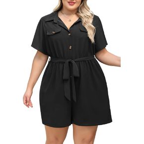 Nemidor Womens بالإضافة إلى حجم رومبير الصيف غير الرسمي ملابس أنيقة بذلة قصيرة بنطلون مع حزام وجيب 16-26