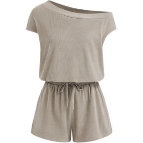 CIDER Rompers for Women One Shoulder Drawstring Short Sleeve Asymmetrical Romper Casual Knit Jumpsuit Lounge Sets