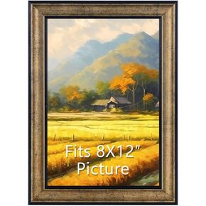 Space Art Deco, 8x12 Poster Frame Antique Gold - Display 8x12 Pictures Without Mat, Horizontal or Vertical Wall Gallery Frame with Real Glass for Artworks