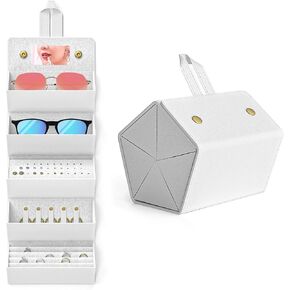 Travel Case for Sunlgasses and Jewelry, Foldable Jewelry Case Eye Glasses Organizer, Hanging Loop, Interior Mirror