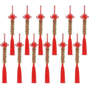 12Pcs Chinese Feng Shui Coins Gold I-Ching Money Tassel, Good Luck Coins with Chinese Knot String Wealth and Success Charm for Chinese New Year Decor