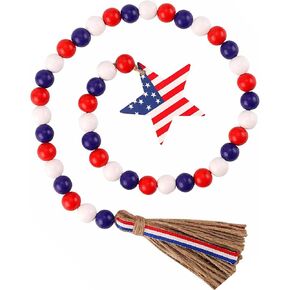 Independence Day Decorations Wood Bead Garland, 4th of July Memorial Day Decor American Flag Pendant Tassel for Farmhouse Wall Rosary Decoration